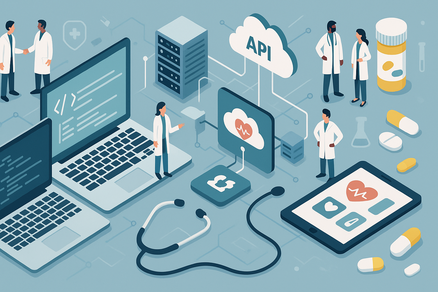 Healthcare technology ecosystem showing doctors, patients, and digital health interfaces